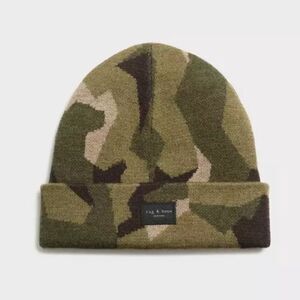 Rag & bone Addison Shatter Camo Green Beanie 100% Wool One Size